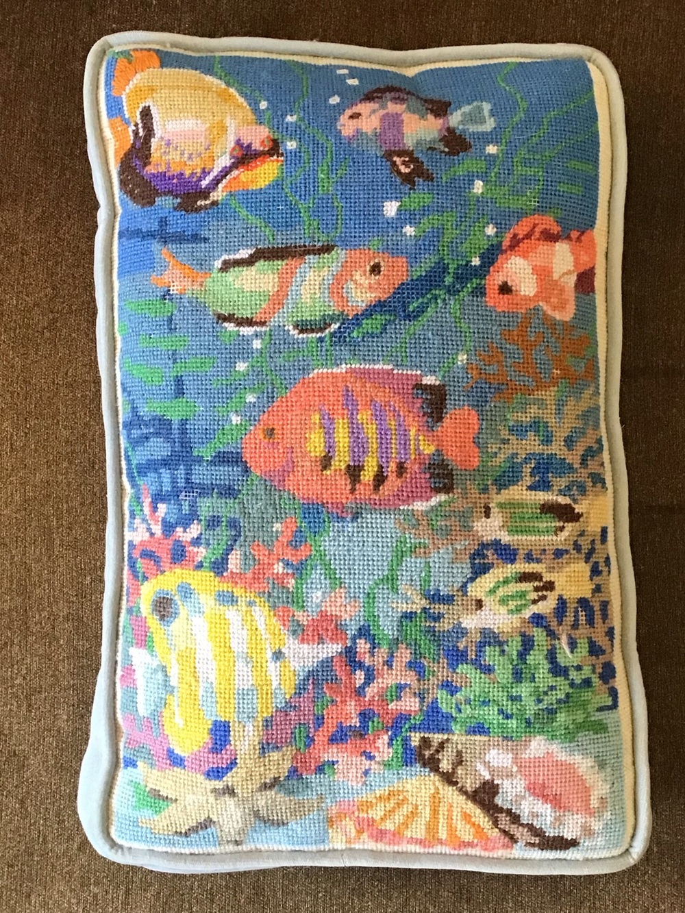 Vintage Handmade Needlepoint Coral Reef Fish Accent Pillow